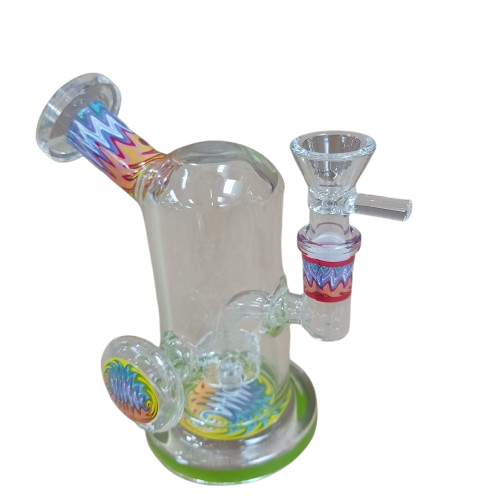 Zig zag color glass water pipe with side arm holder design, crafted from durable glass for smooth airflow, enhanced filtration, and stable comfortable use.