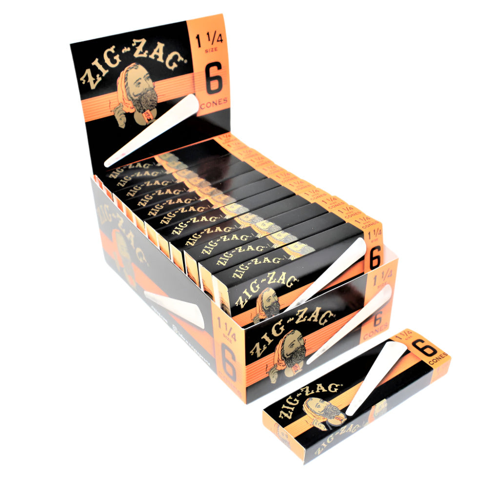 Zig Zag 1 1/4 size pre-rolled cones 6 cones per pack 24 pack box with smooth slow burning performance.