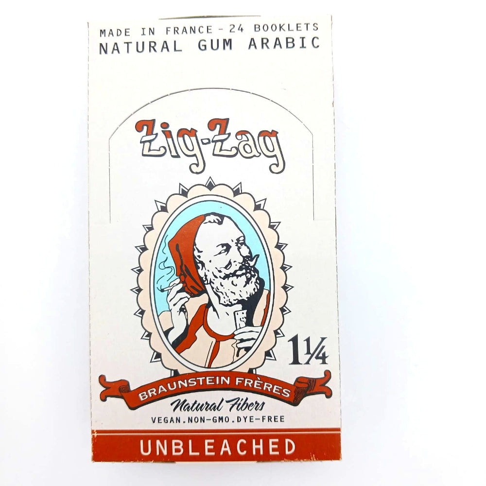 Zig Zag unbleached 1¼ size rolling papers, 24 packs per box, natural unbleached paper for smooth, clean, and slow-burning smoking experience.