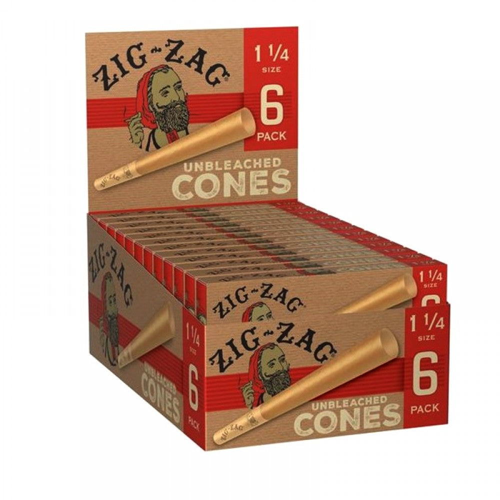 Zig Zag unbleached 1 1/4 size pre-rolled cones 6 pack 24 count box made from natural paper for smooth slow burn and easy filling.