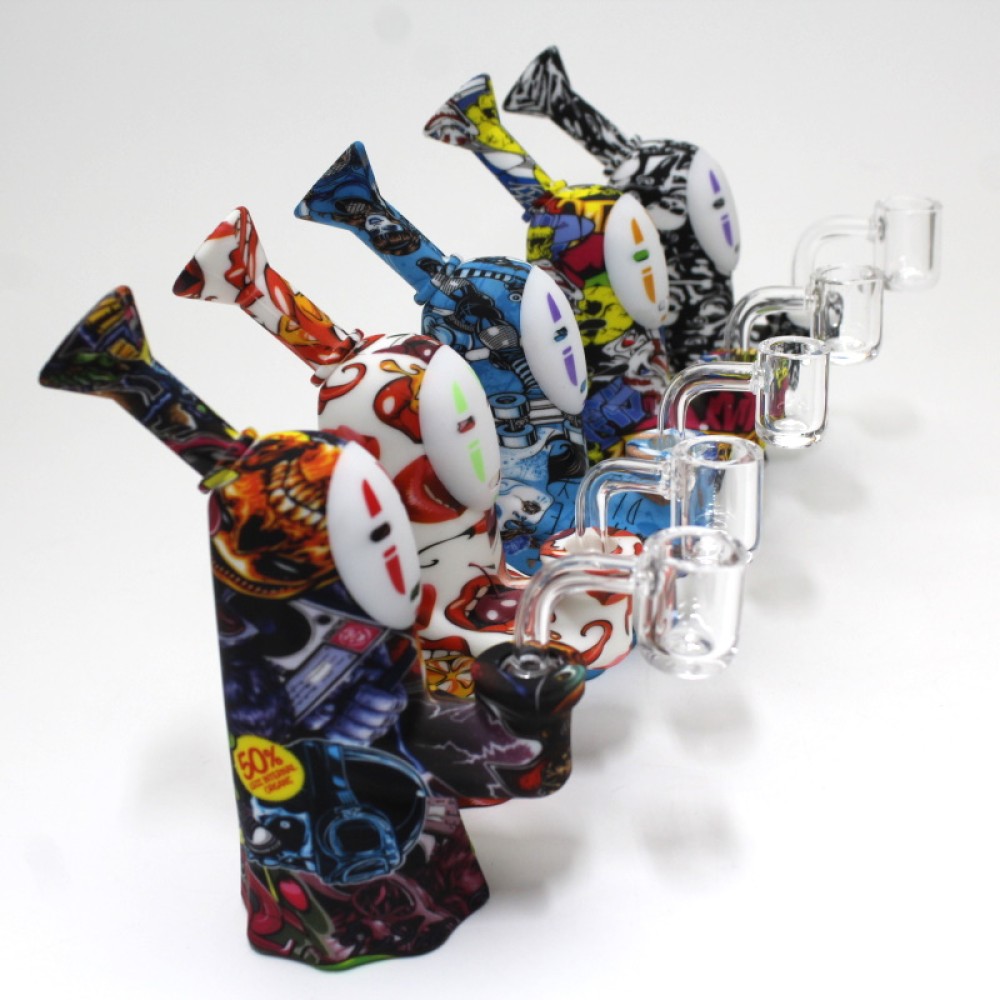 6" Silicon Multi  Print Color Dab Rig Water Pipe With 14 MM Male Banger 