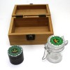 Small  Herb & Spice Bamboo Stash Box With decal on Top Glass Jar & 4 Part decal Grinder 40mm